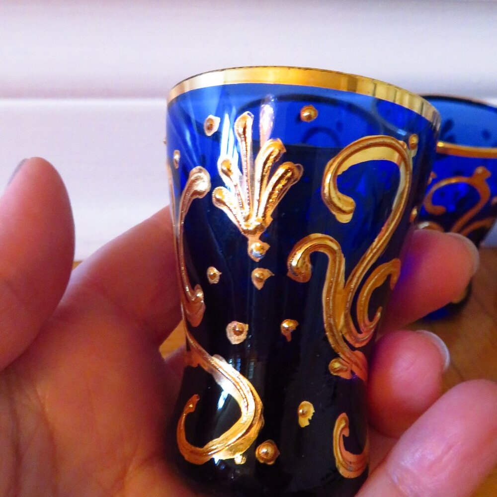 6 Vintage Murano cobalt blue shot glasses, gold gilded,rare, hand painted